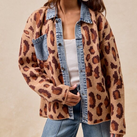 SOLD OUT BIBI Leopard Print Denim Jean Jacket Animal Print Cardigan - Picture 7 of 14